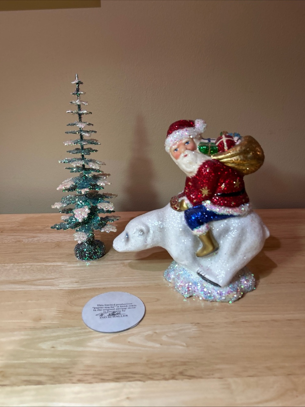 Ino Schaller Hand Made Paper Mache Artic Bound Santa Polar Bear Germany + Tree